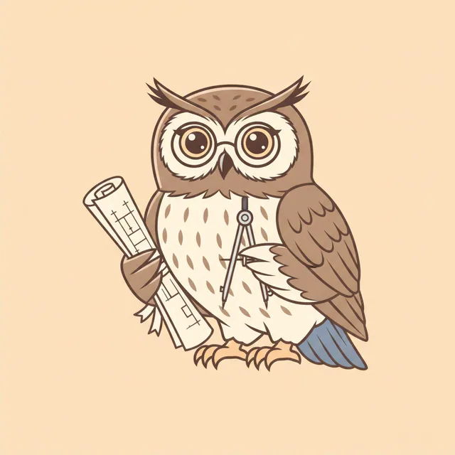 Arthur the scholarly owl with tiny spectacles holding a blueprint scroll